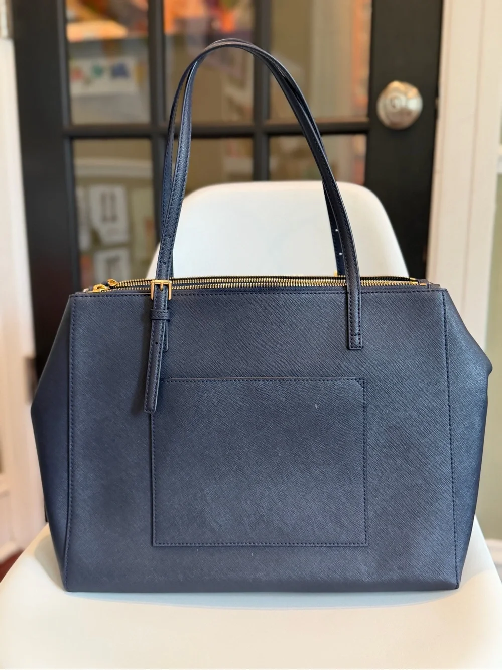 Tory Burch Emerson Double Zip Tote in Navy Saffiano Leather
